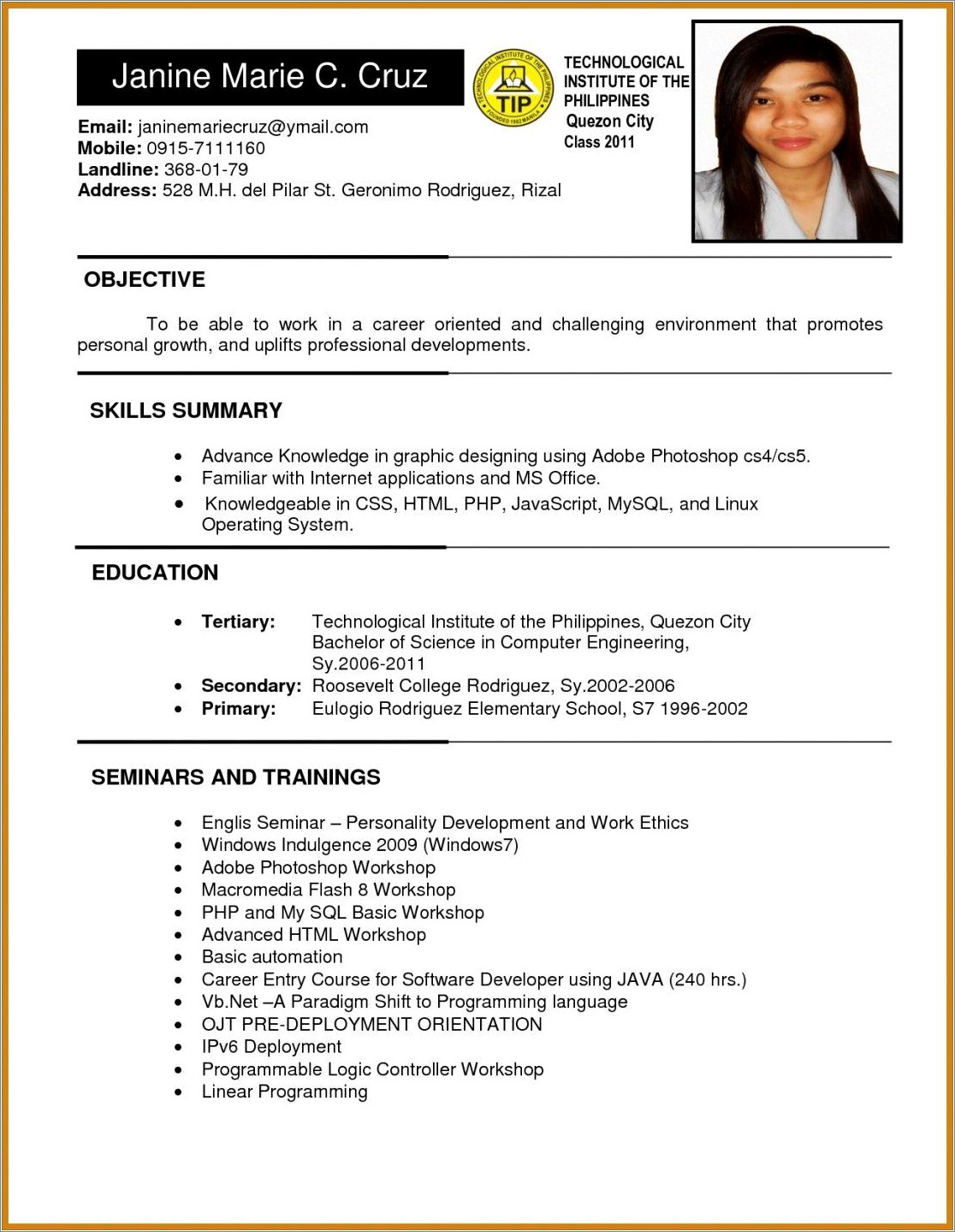 Simple Objective In Resume For Ojt