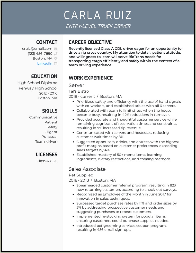 Simple Objectives For Resume Truck Driving Position