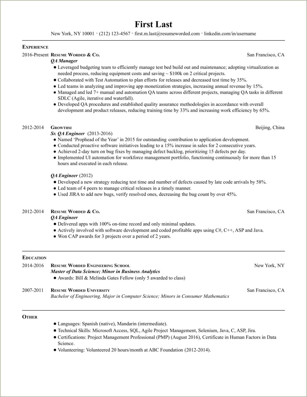 Simple Qa Resume Sample & Entry Level