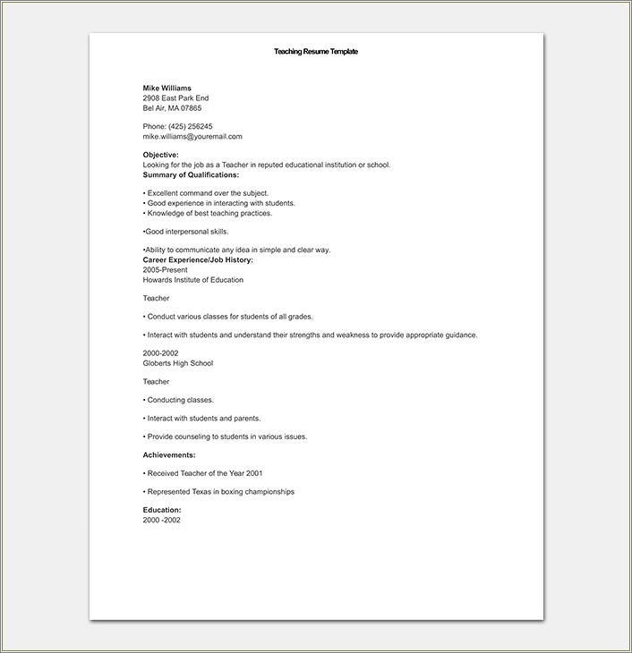 Simple Resume For Teacher Job Application