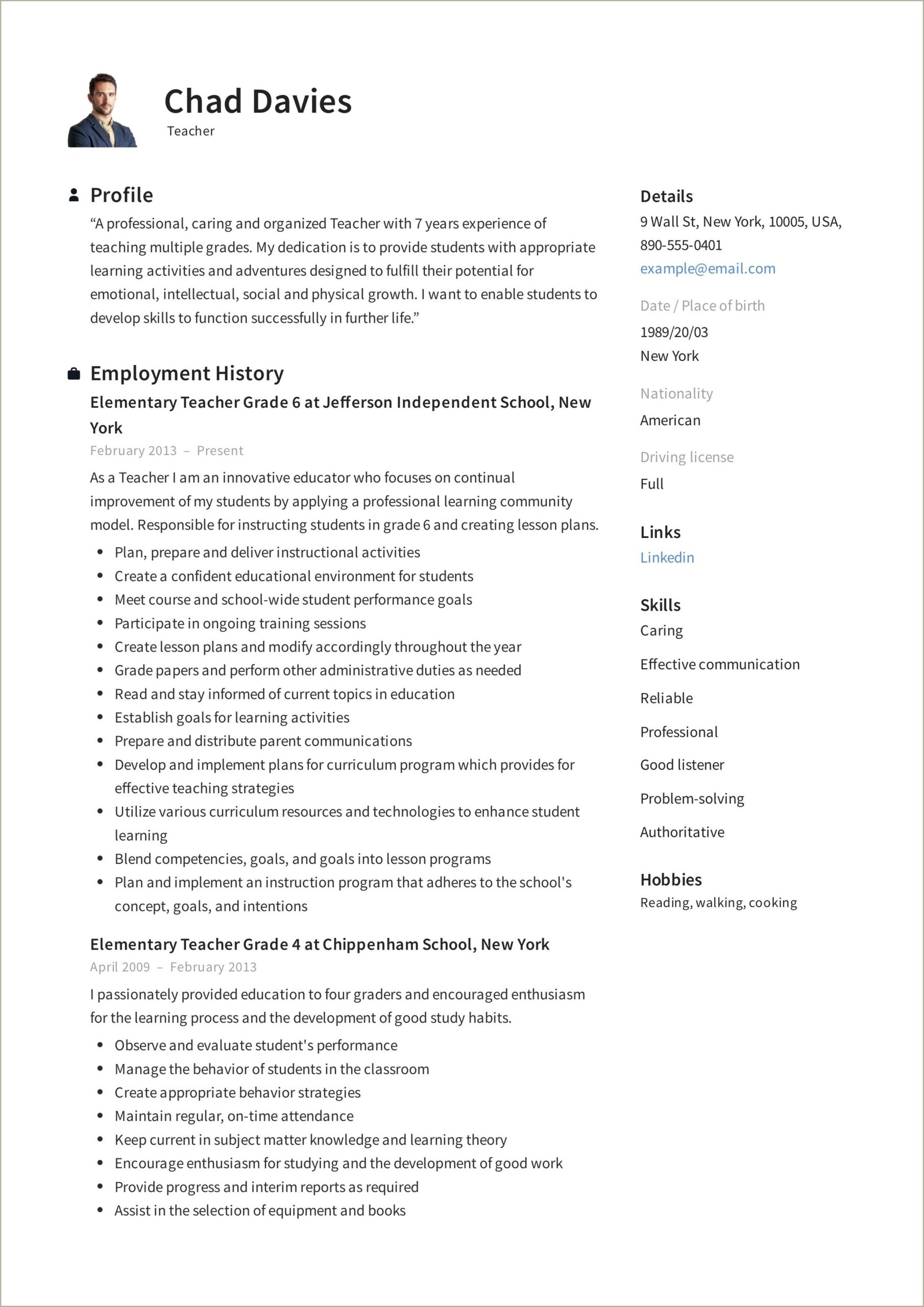 Simple Resume Format For Teacher Job