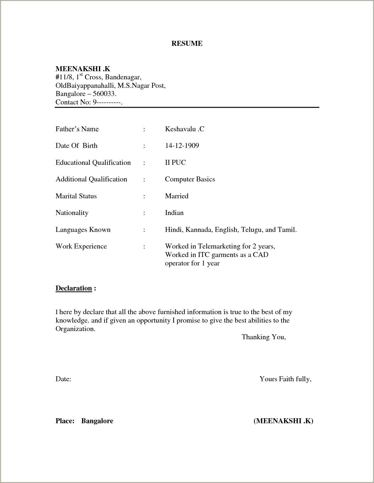 Simple Resume Format In Word File Download