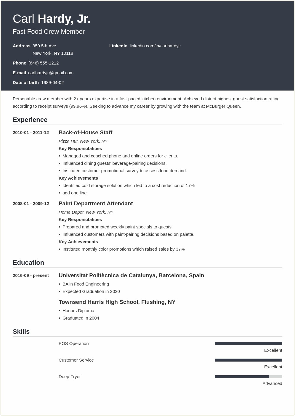 Simple Resume Sample For Service Crew