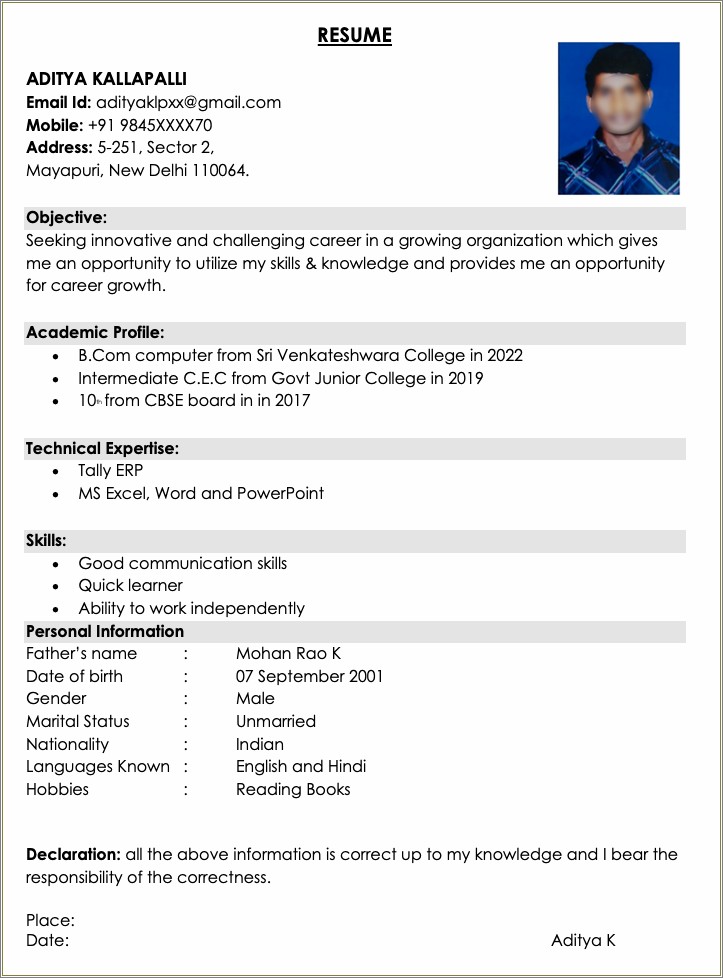 Simple Resume Templates For Freshers Free Download