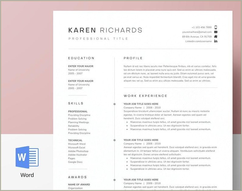 Single Page No Border Resume Word Document Templete