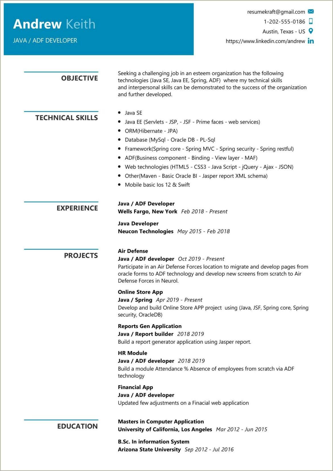 Single Page Resume Template For Java Developer