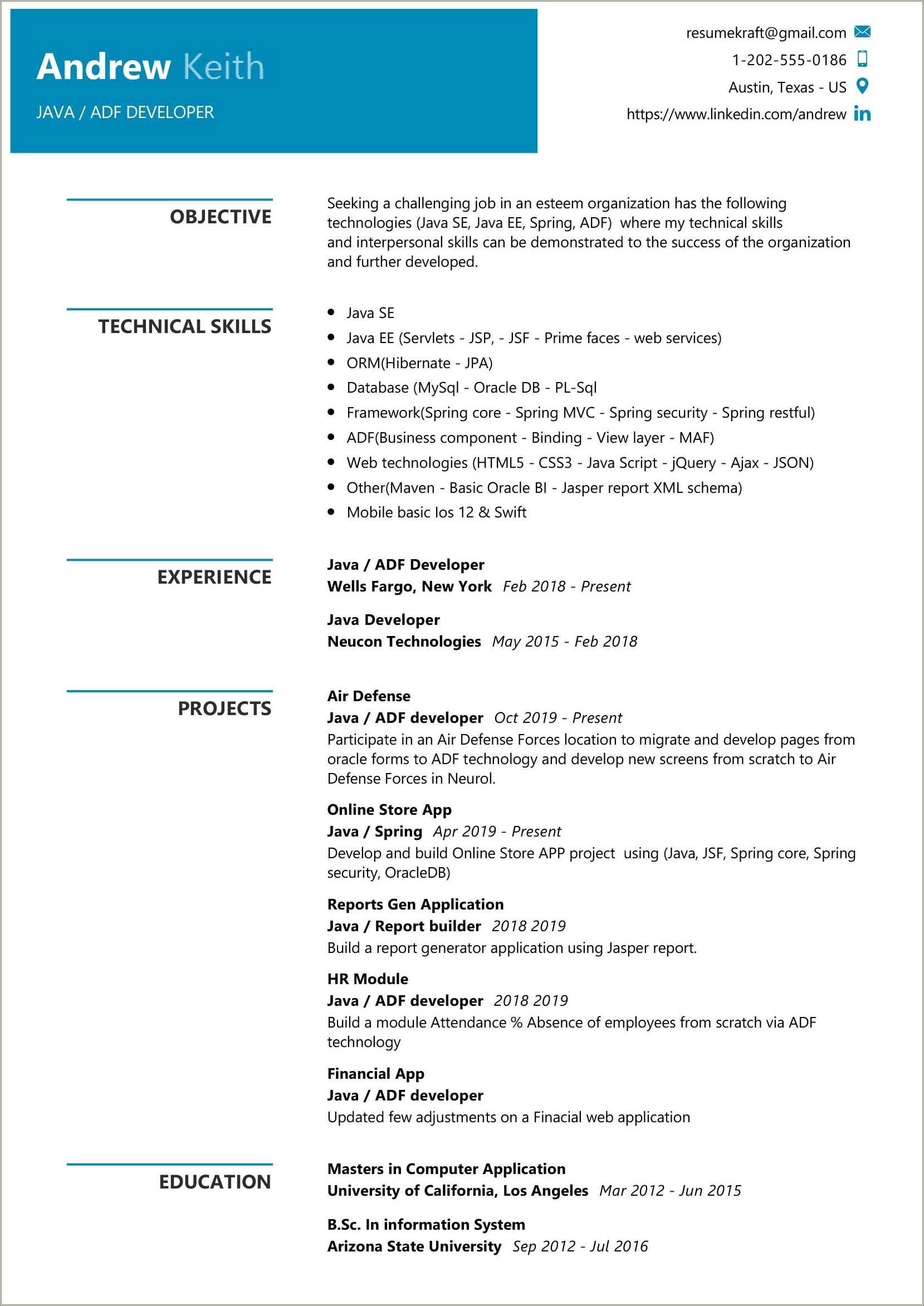 Single Page Resume Template For Java Developer