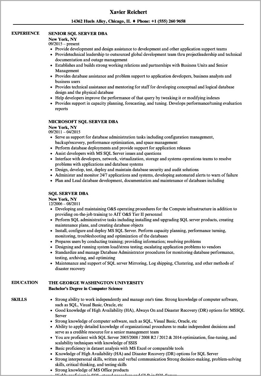 Sinior Sql Server Dba Sample Resume