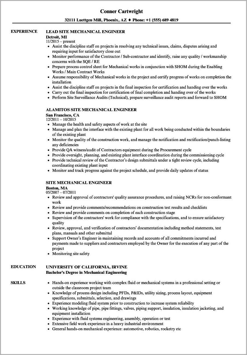 Site Engineer Mep Mechanical Resume Sample