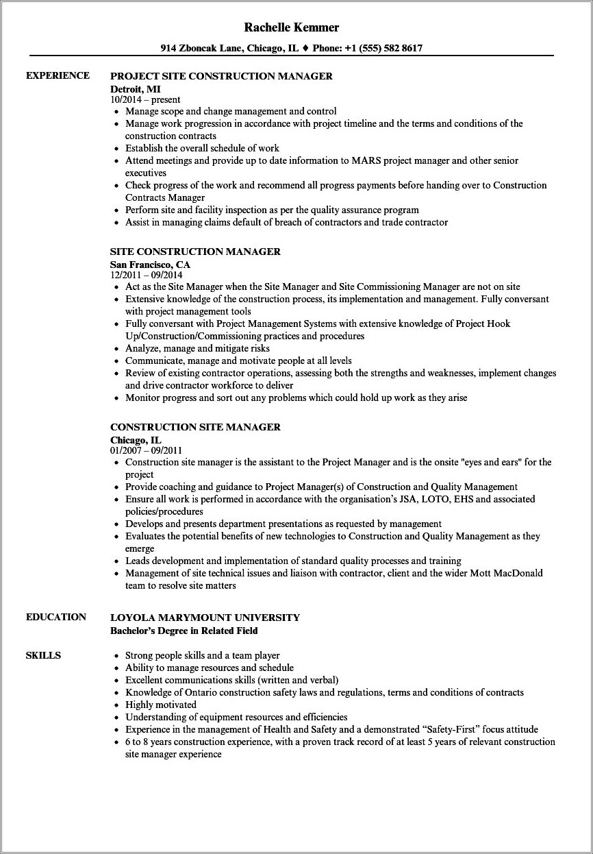 Site Manager Job Description For Resume