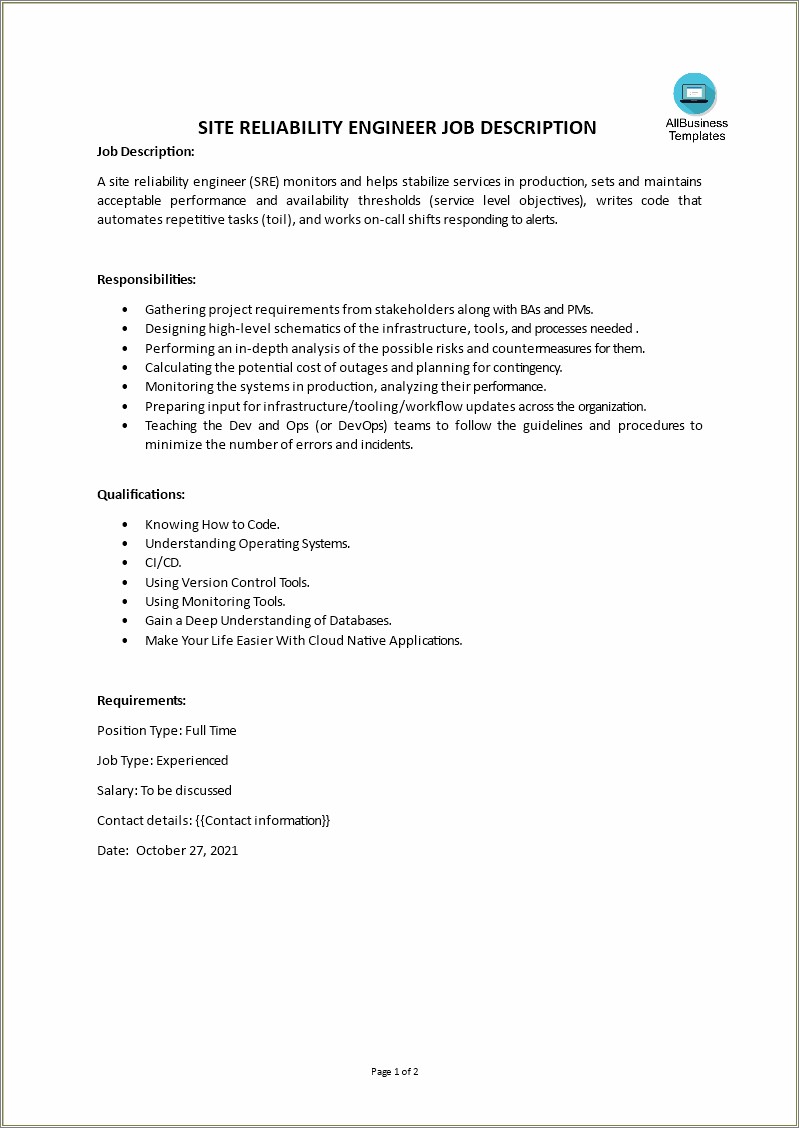 Site Reliability Engineer Resume Example Oncall