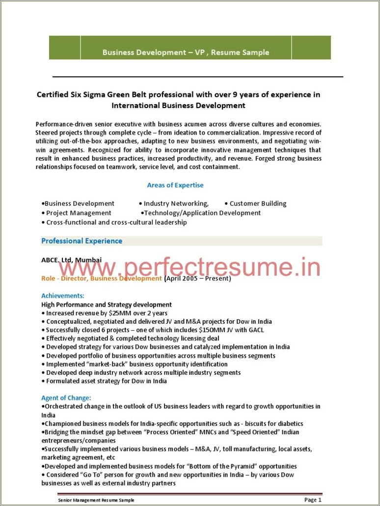 Six Sigma Green Belt Resume Sample