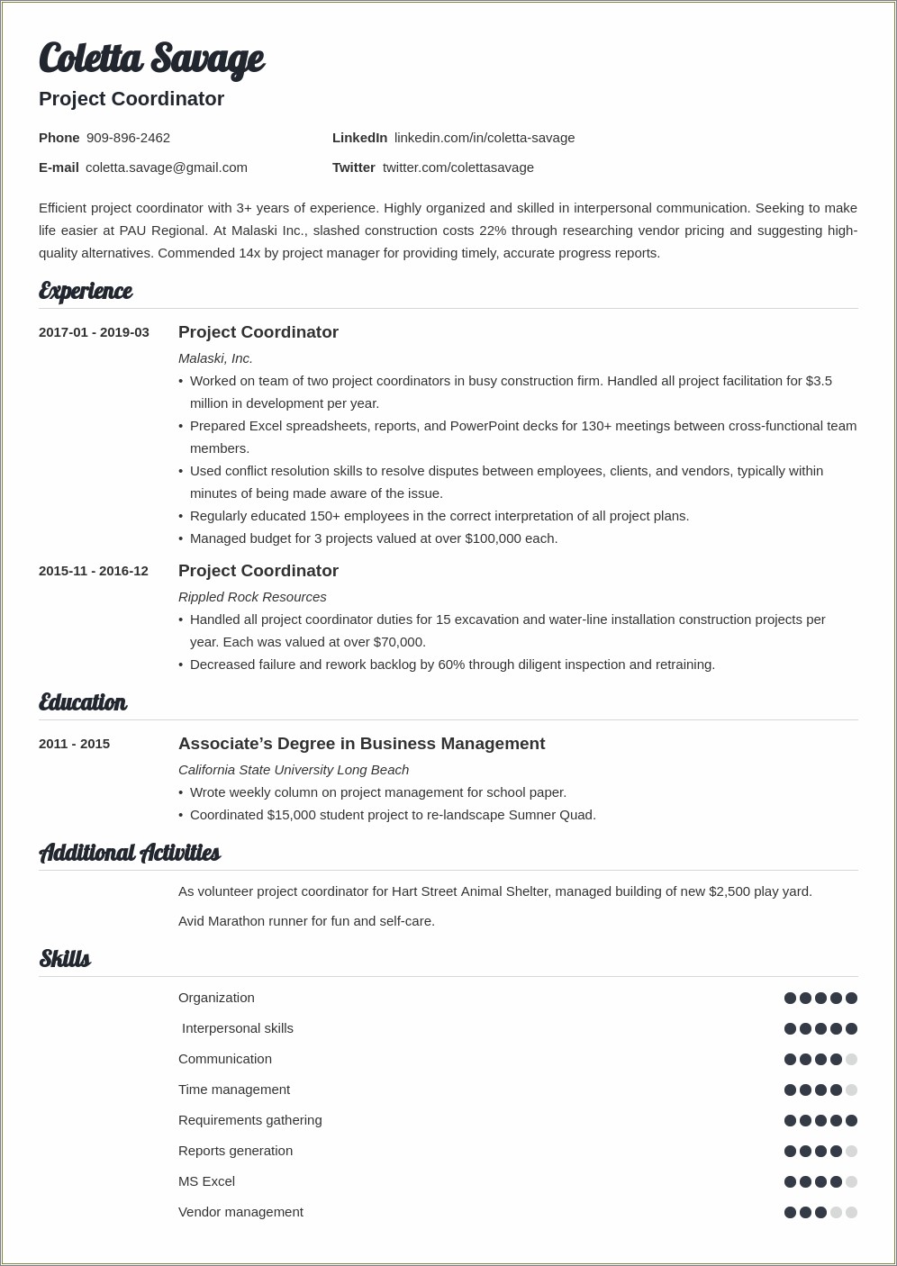 Skill Examples For Project Supervisor Resume