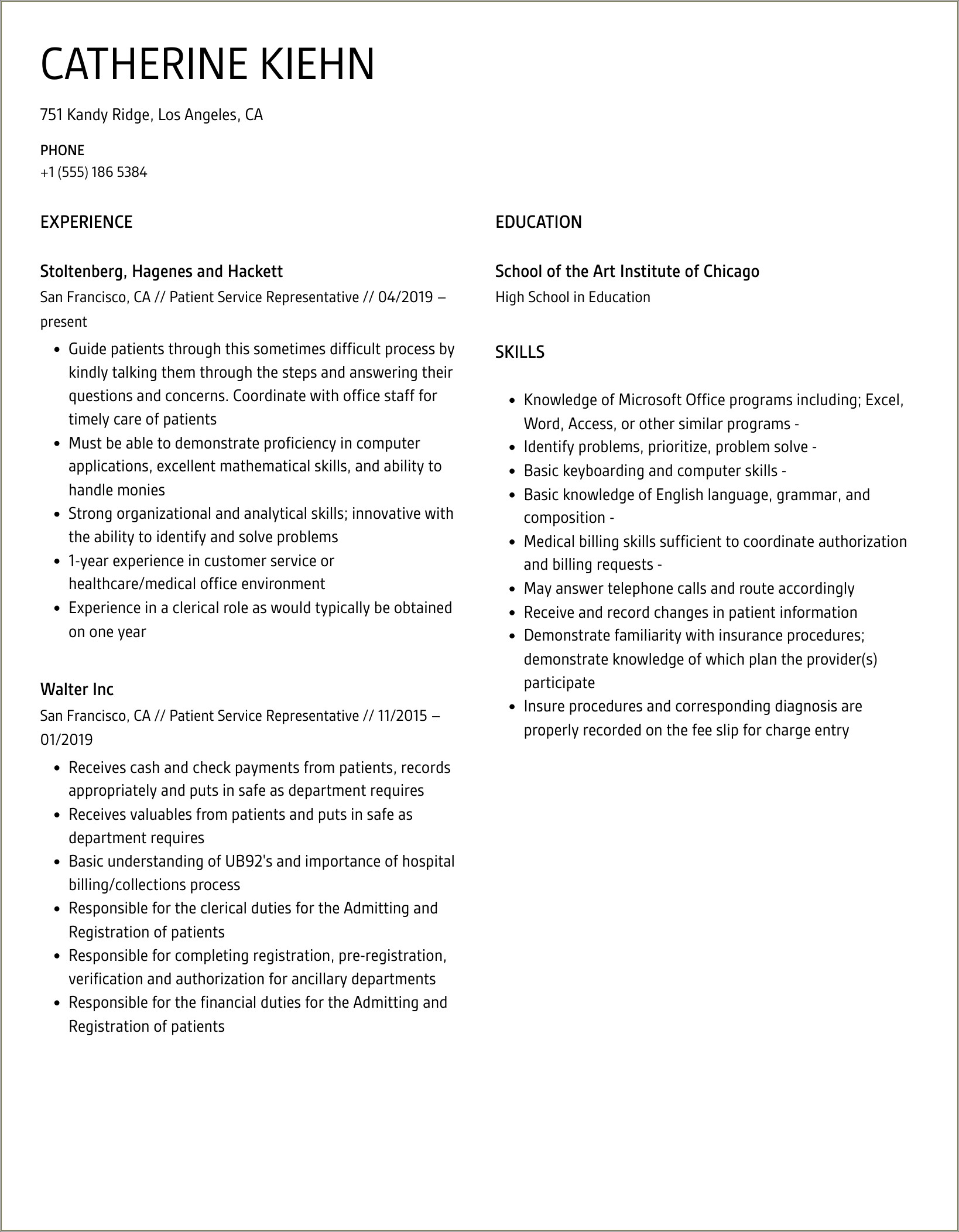 Skill For Patient Intake Representative Resume