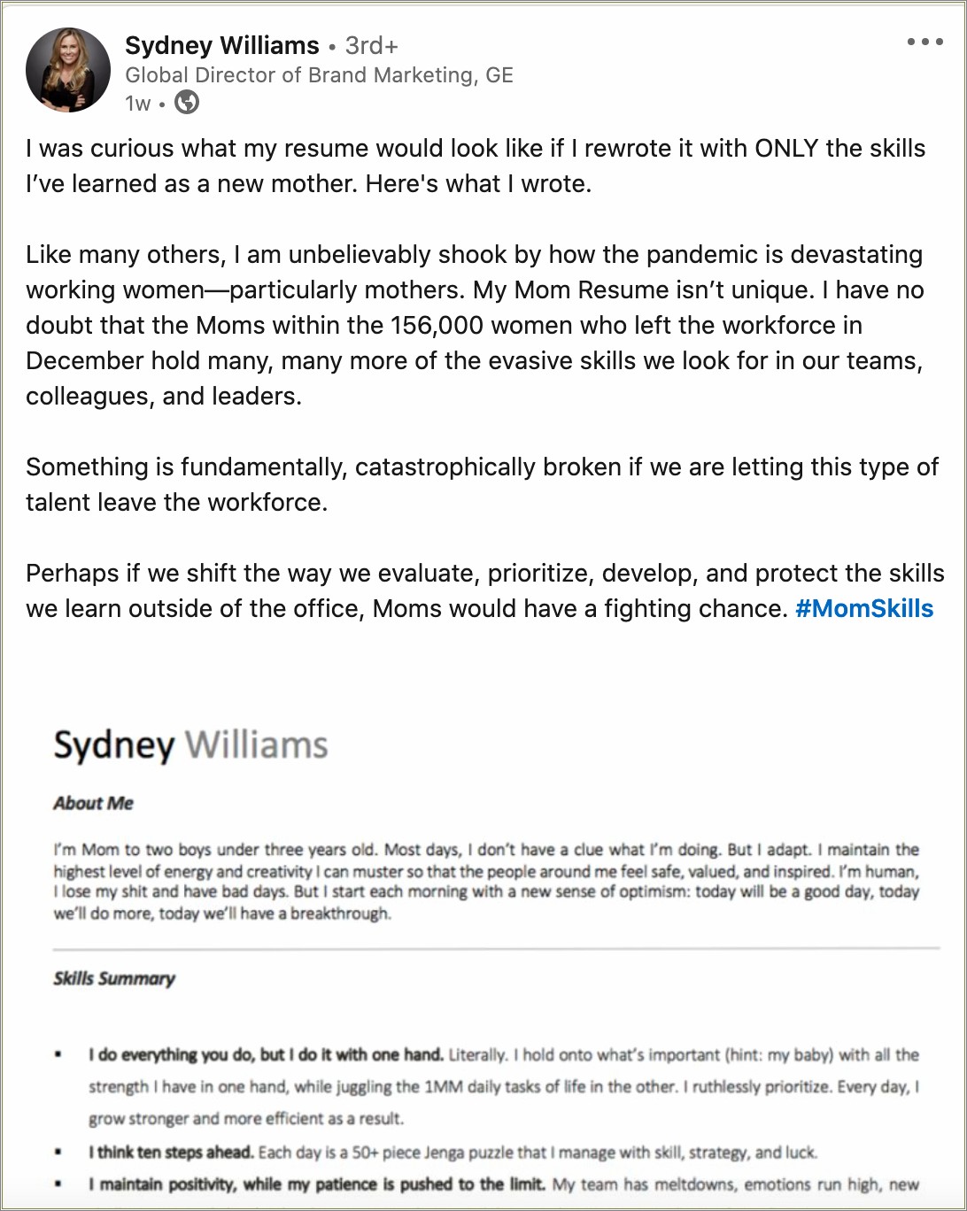 Skill Section On Resume About Motherhood