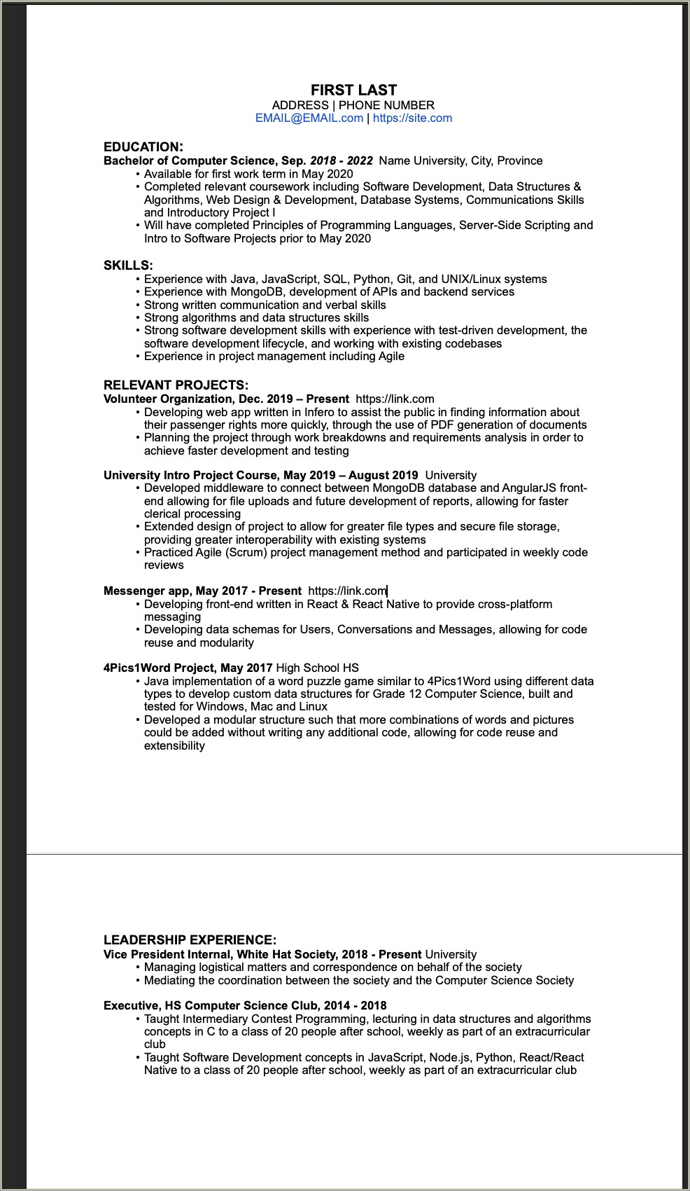 Skill Summary Resume For Computer Science