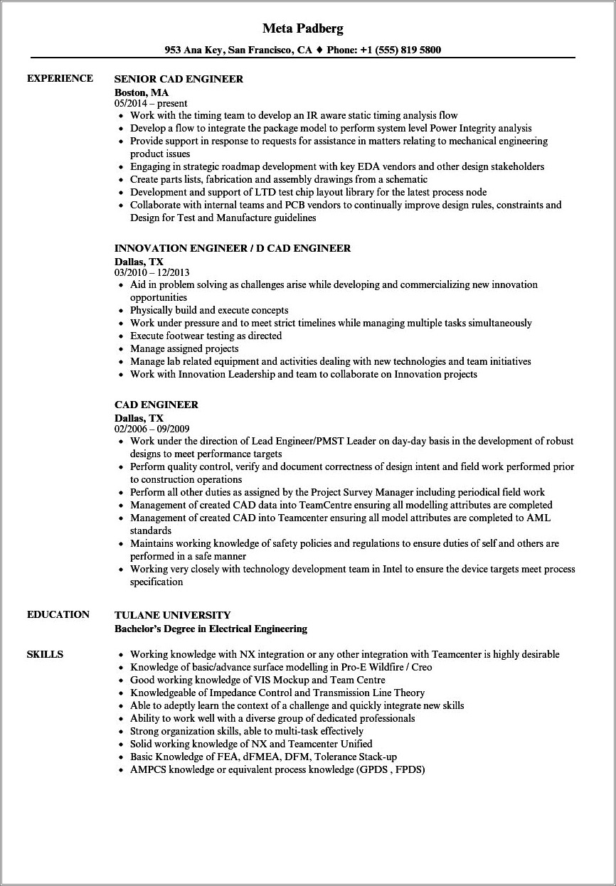 Skilled In Computer Aided Design Interior Design Resume