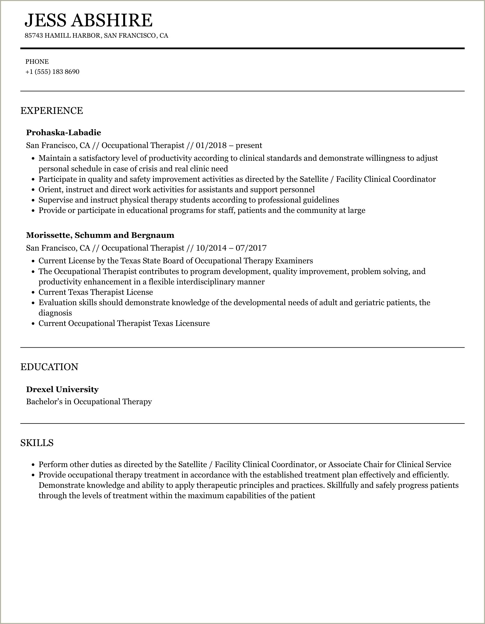 Skilled Nursing Facility Occupational Therapy Resume