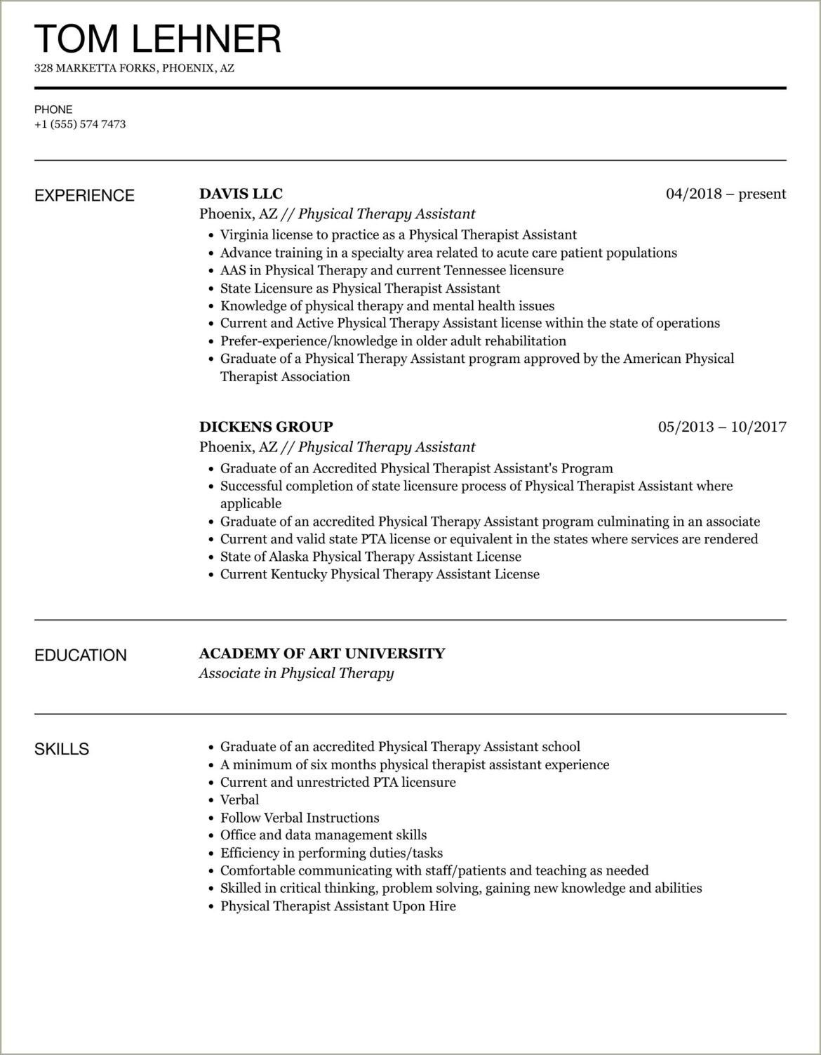 Skilled Nursing Facility Physical Therapist Resume