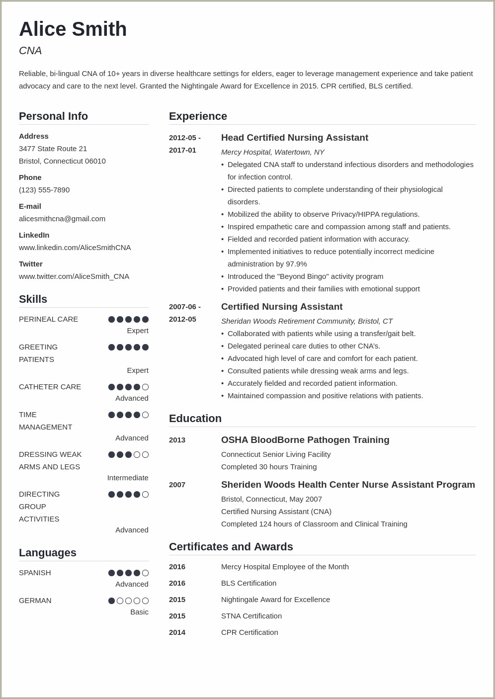 Skills And Abilities For A Cna Resume