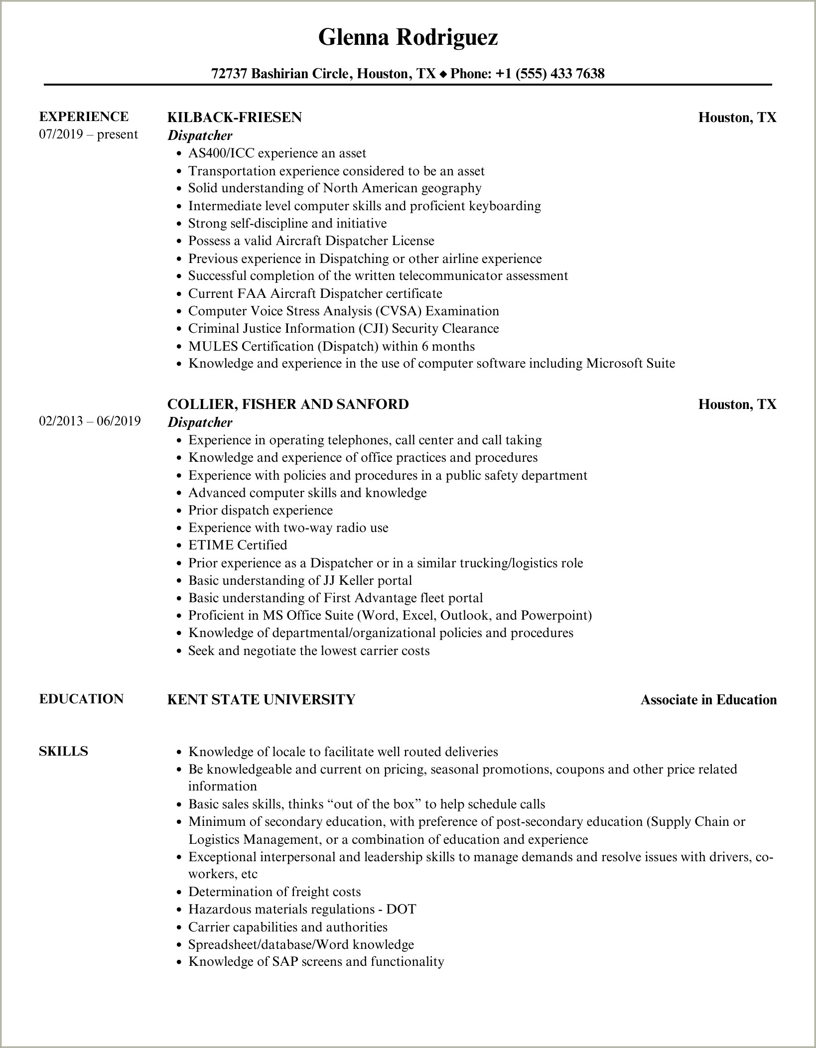 Skills And Abilities For A Dispatcher Resume