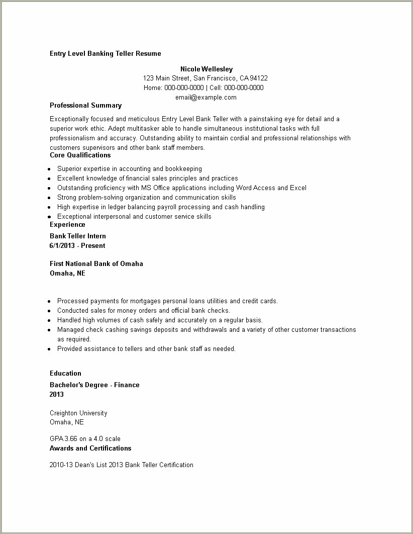 Skills And Abilities For Bank Teller Resume