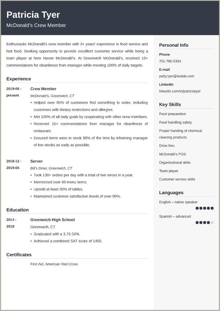 Skills And Abilities For Fast Food Resume