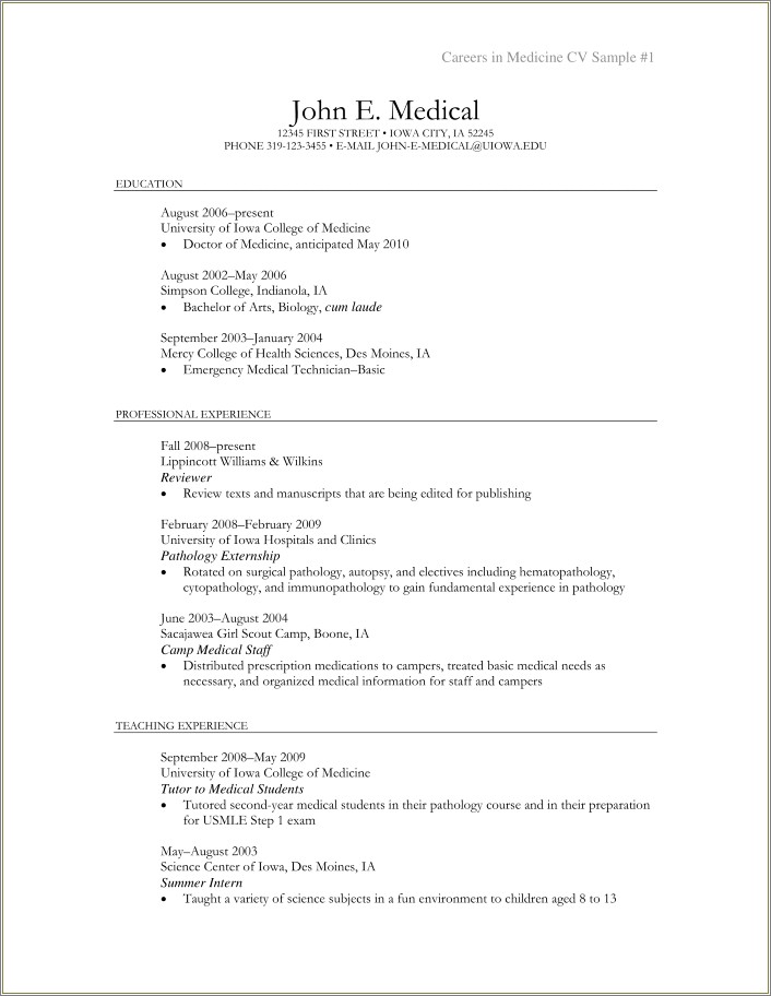 Skills And Abilities For Medical School Resume