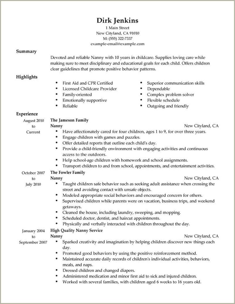 Skills And Abilities For Nanny Resume