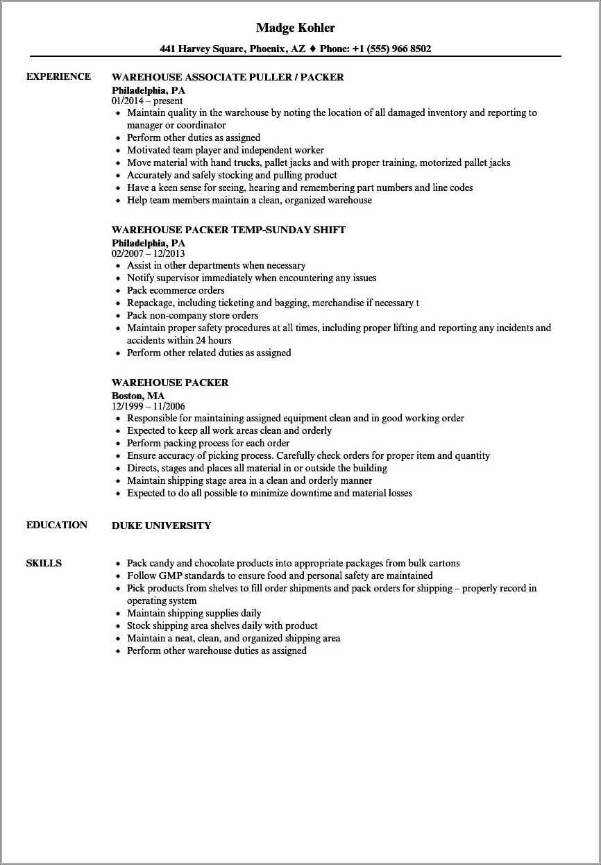 Skills And Abilities For Picking And Packing Resume