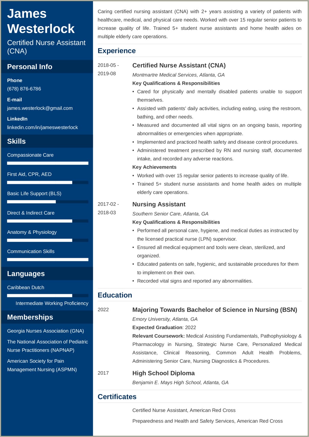 Skills And Abilities For Resume Cna