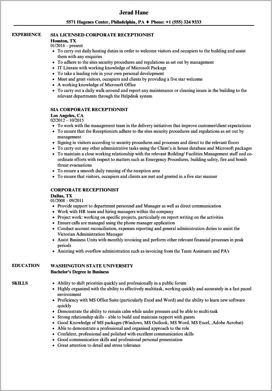 Skills And Abilities On A Resume For Receptionist