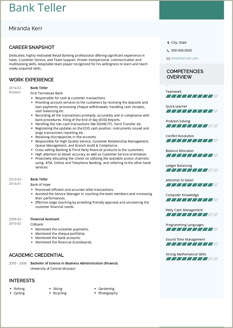 Skills And Abilities Resume Examples Bank Teller