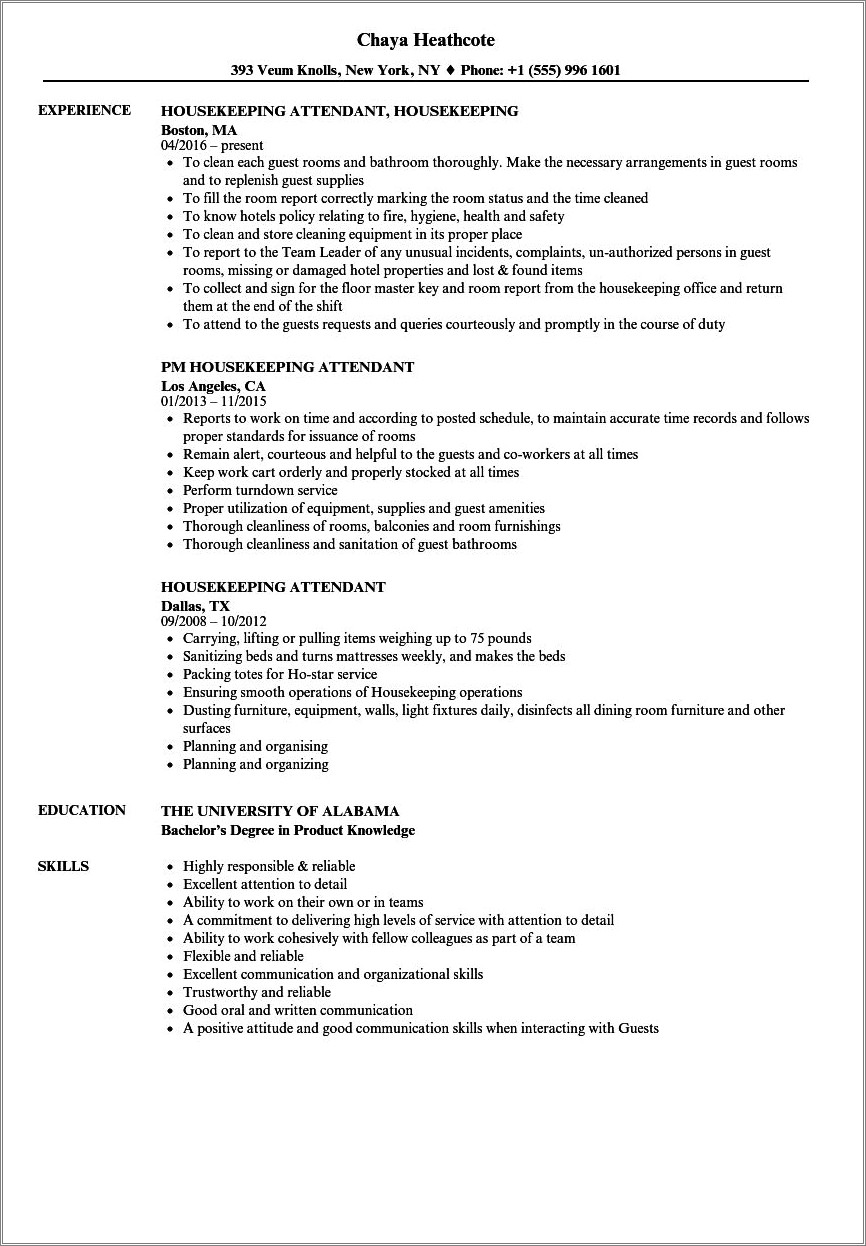 Skills And Abilities Resume For Housekeeping