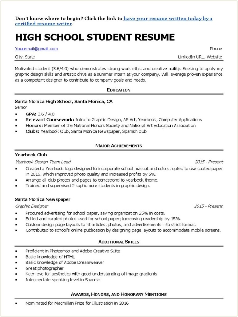 Skills And Abilities Resume Highschool Student