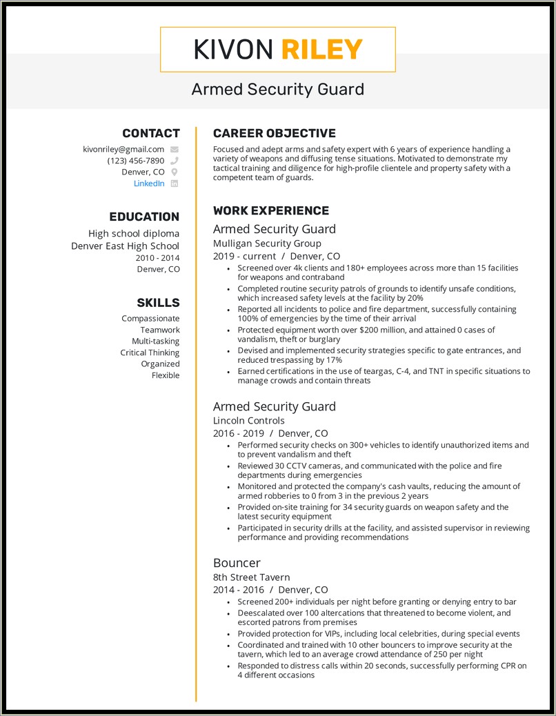 Skills And Abilities Resume Security Guard