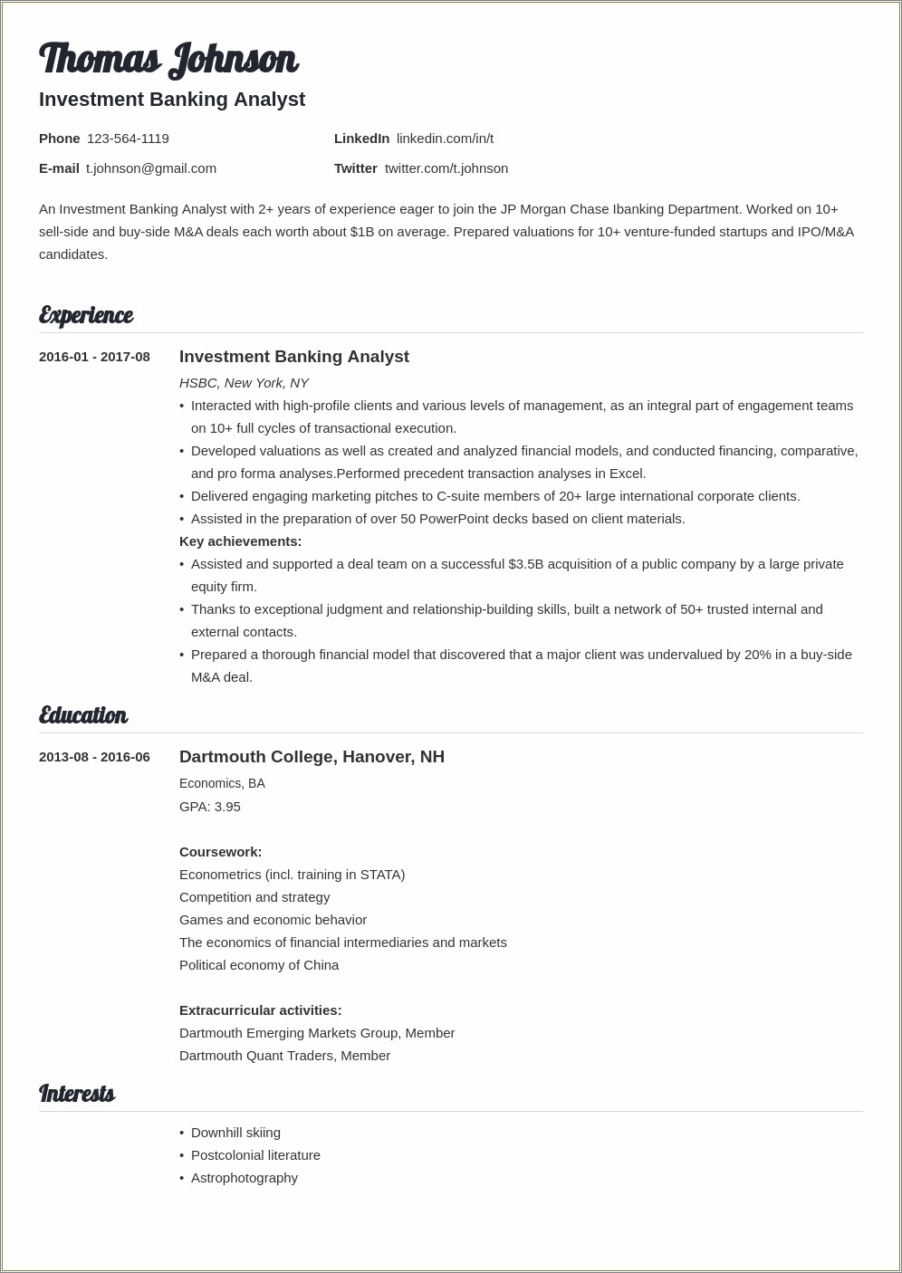 Skills And Interests Investment Banking Resume