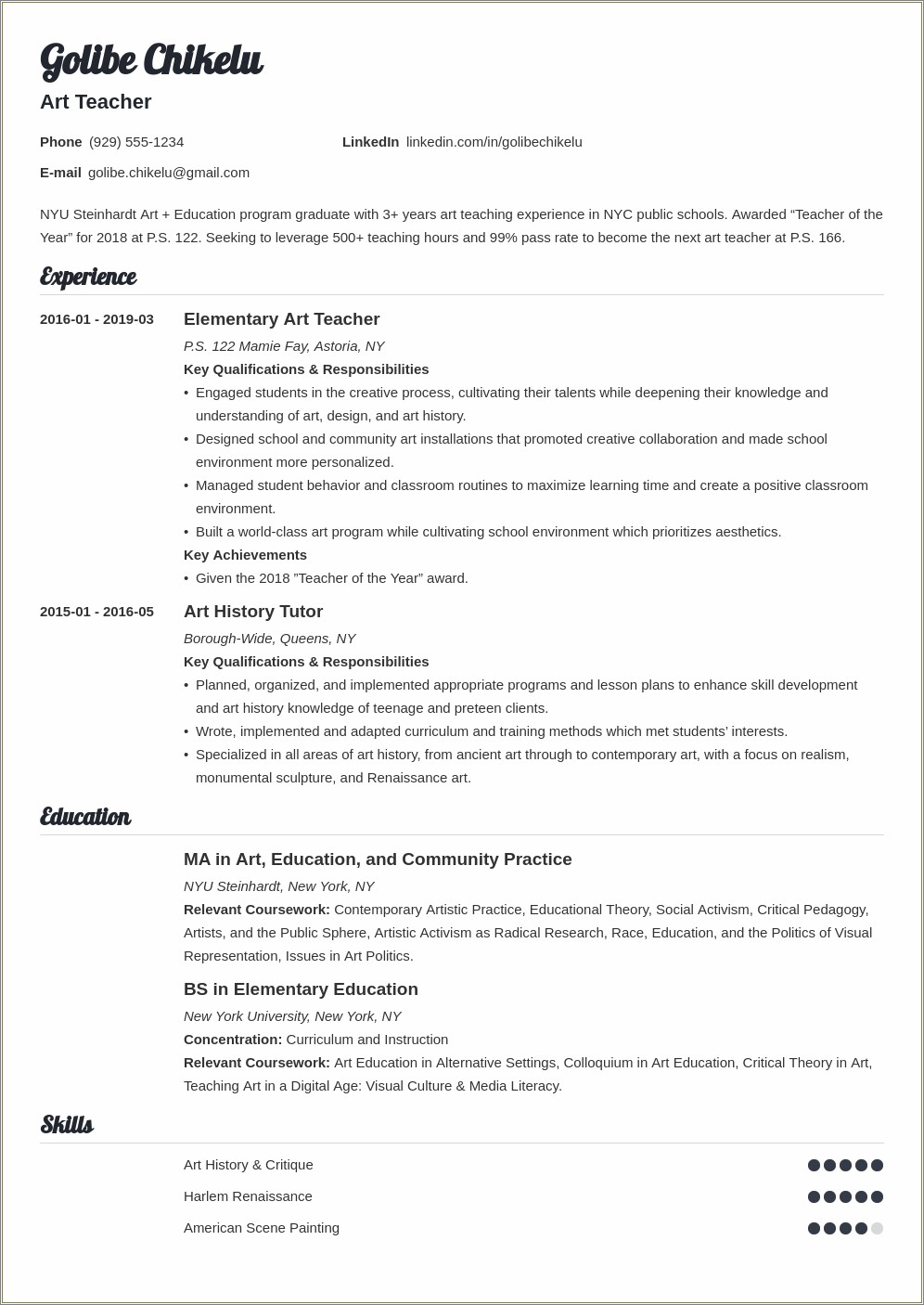 Skills And Interests On Teacher Resume