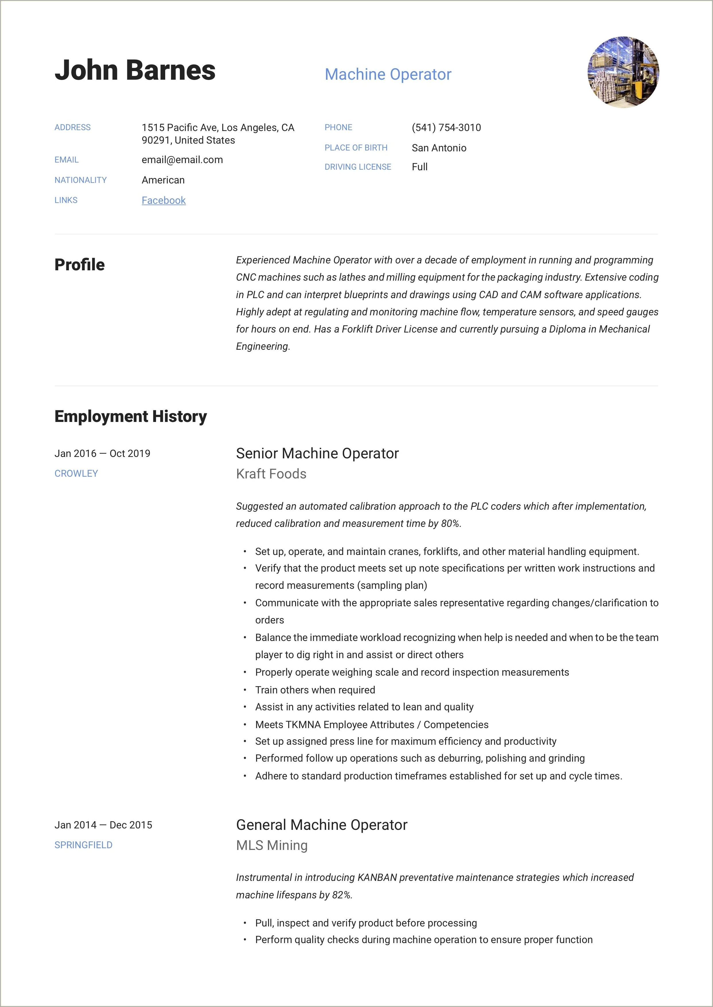 Skills And Objective For Resume Machine Operator