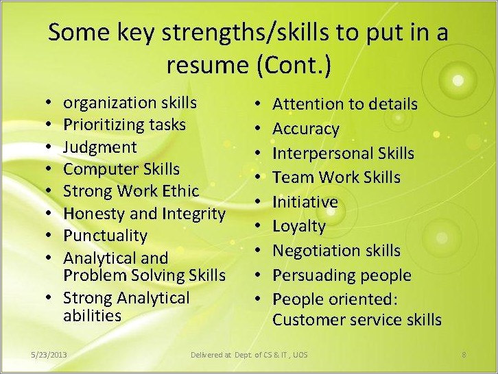 Skills And Strengths For Job Resume