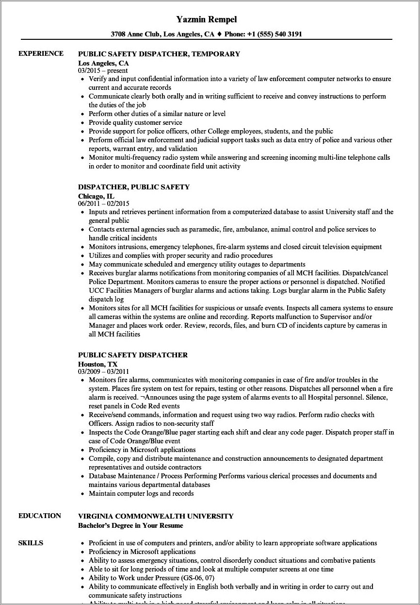 Skills Appropriate For 911 Dispatcher Resume