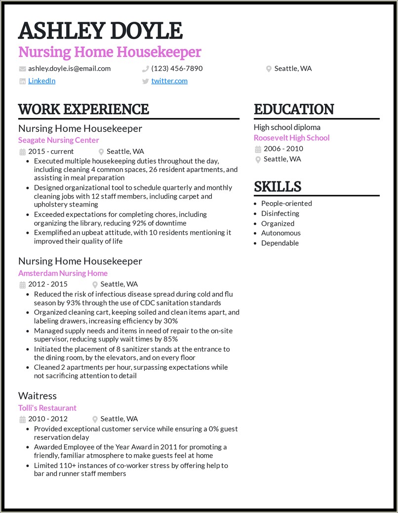 Skills As A Housekeeper For Resume