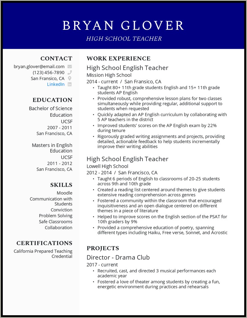 Skills Based Resume For A Teacher