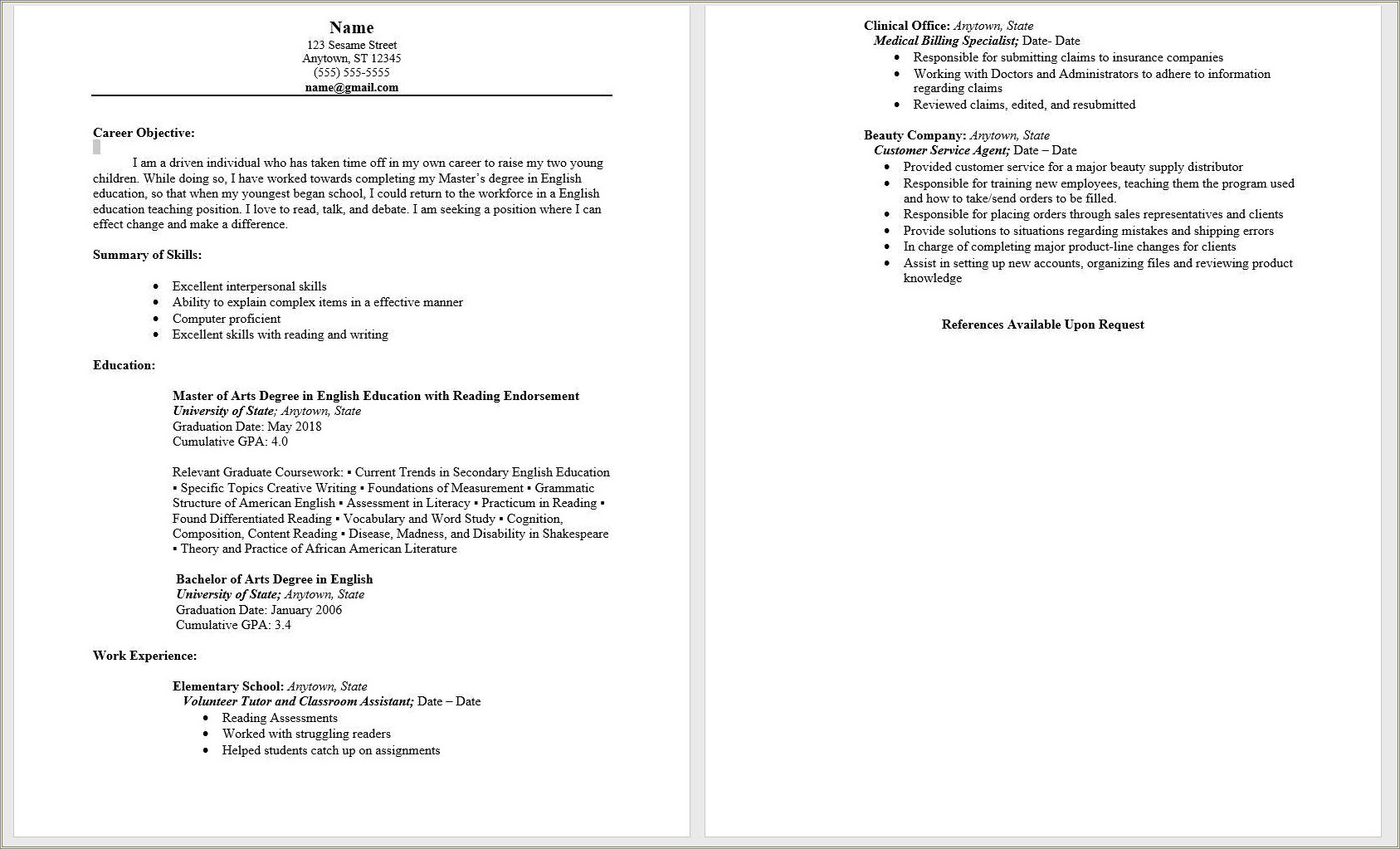 Skills Based Resume For Stay At Home Mom