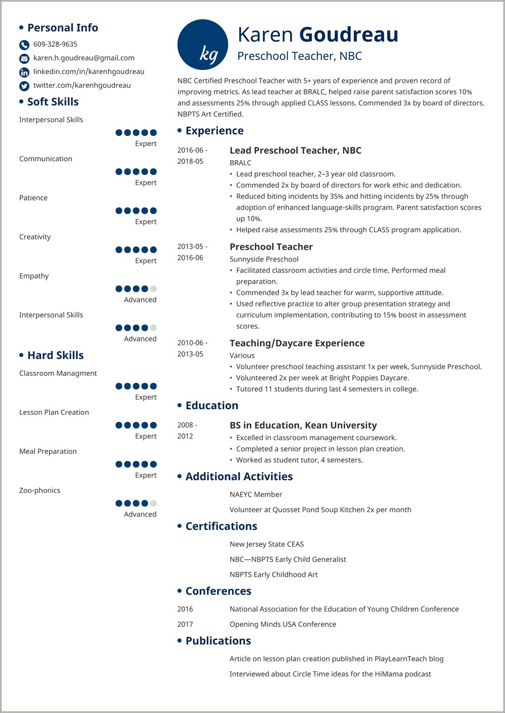 Skills Example For Resume Preschool Teacher