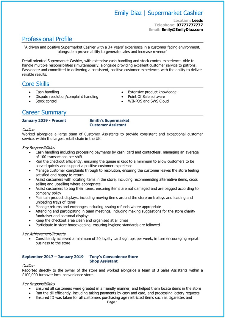 Skills Fo A Cashier For Supermarket Resume