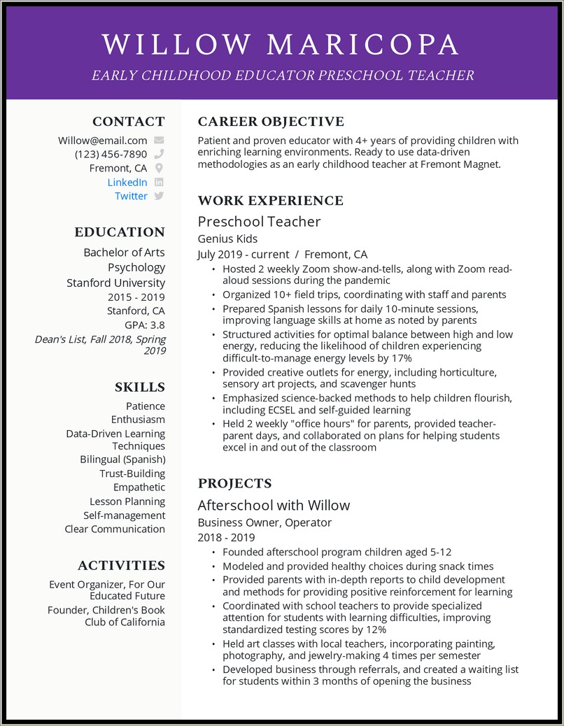 Skills For A Early Education Teacher Resume