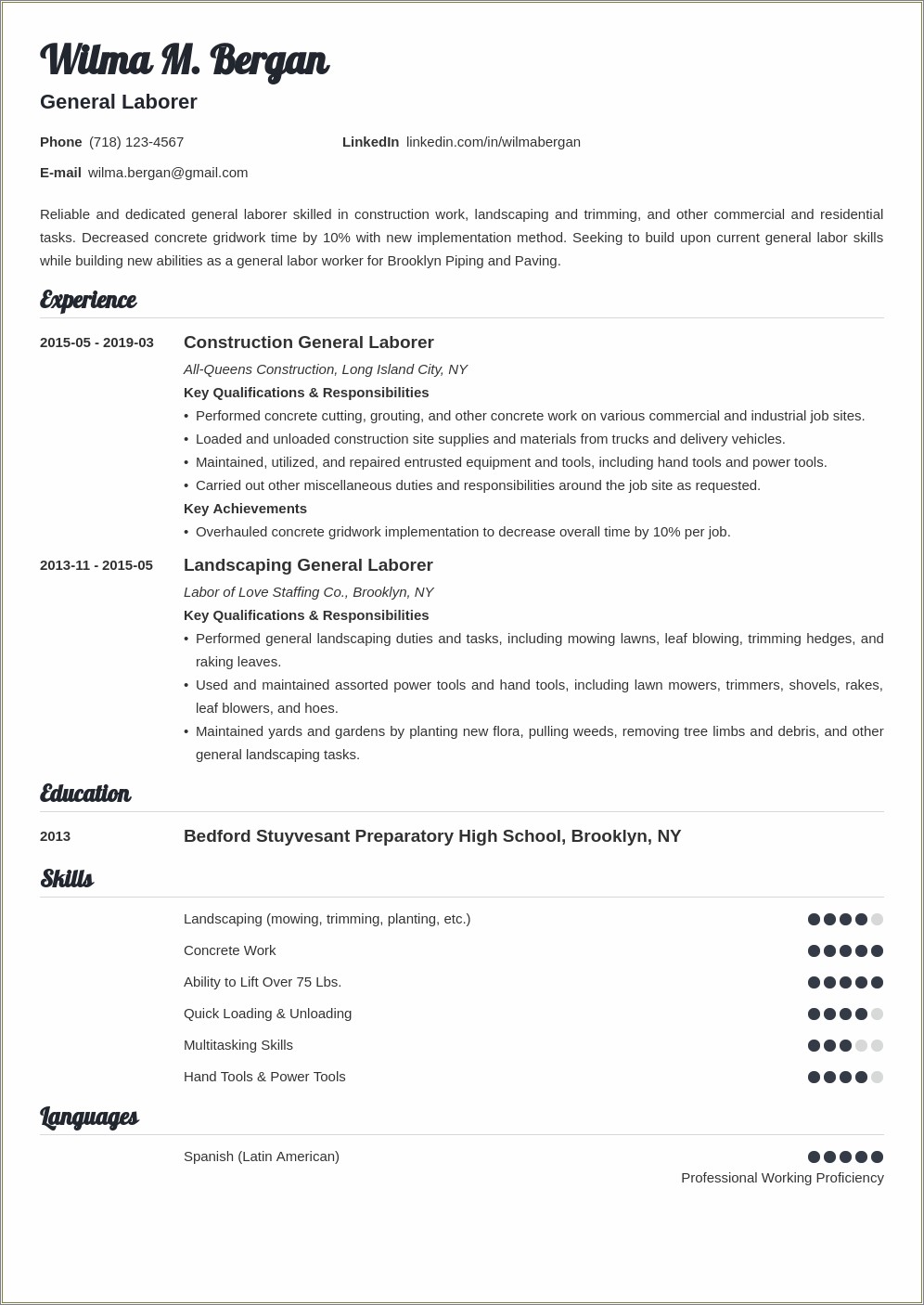 Skills For A General Laborer Resume