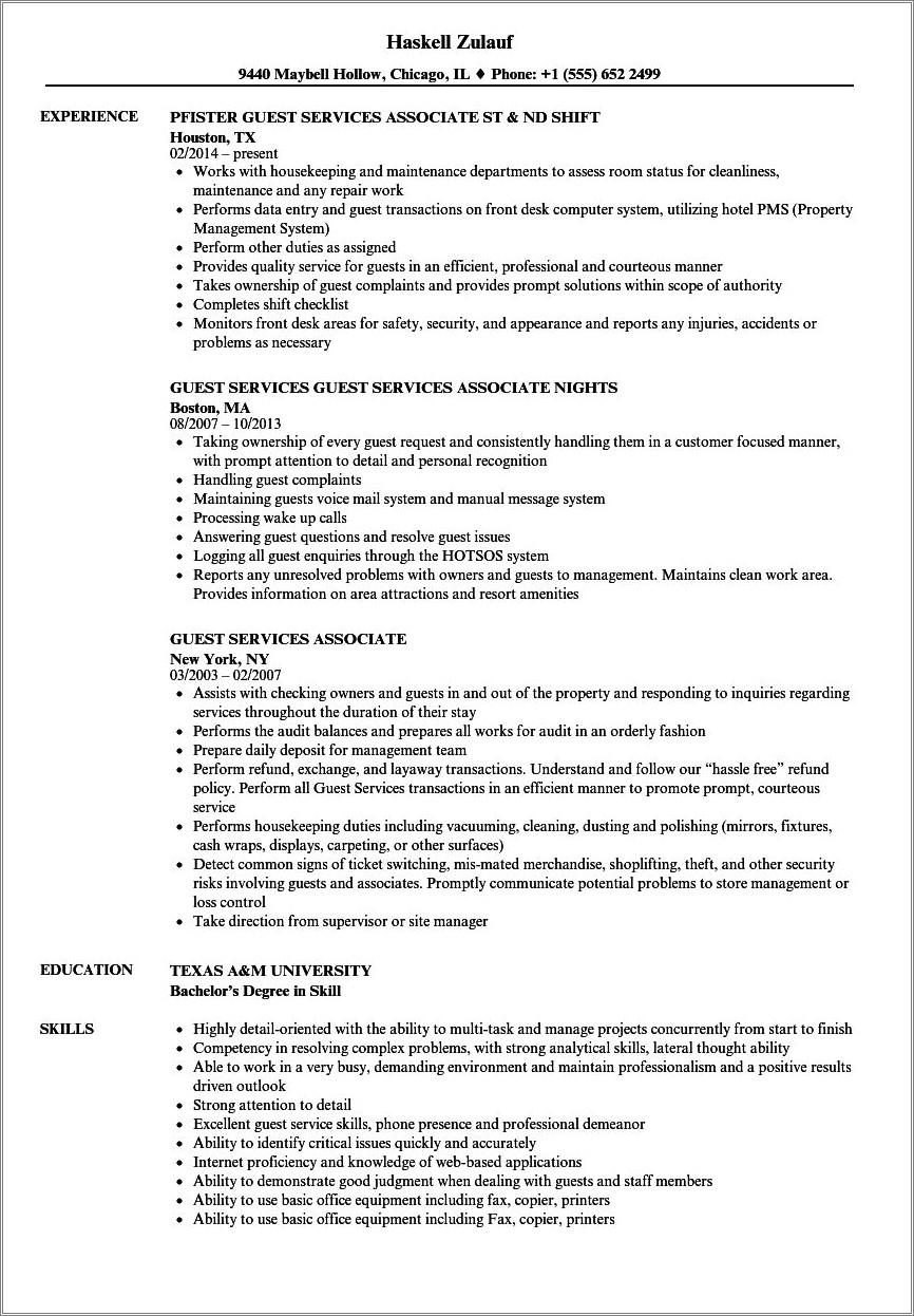 Skills For A Guest Service Resume