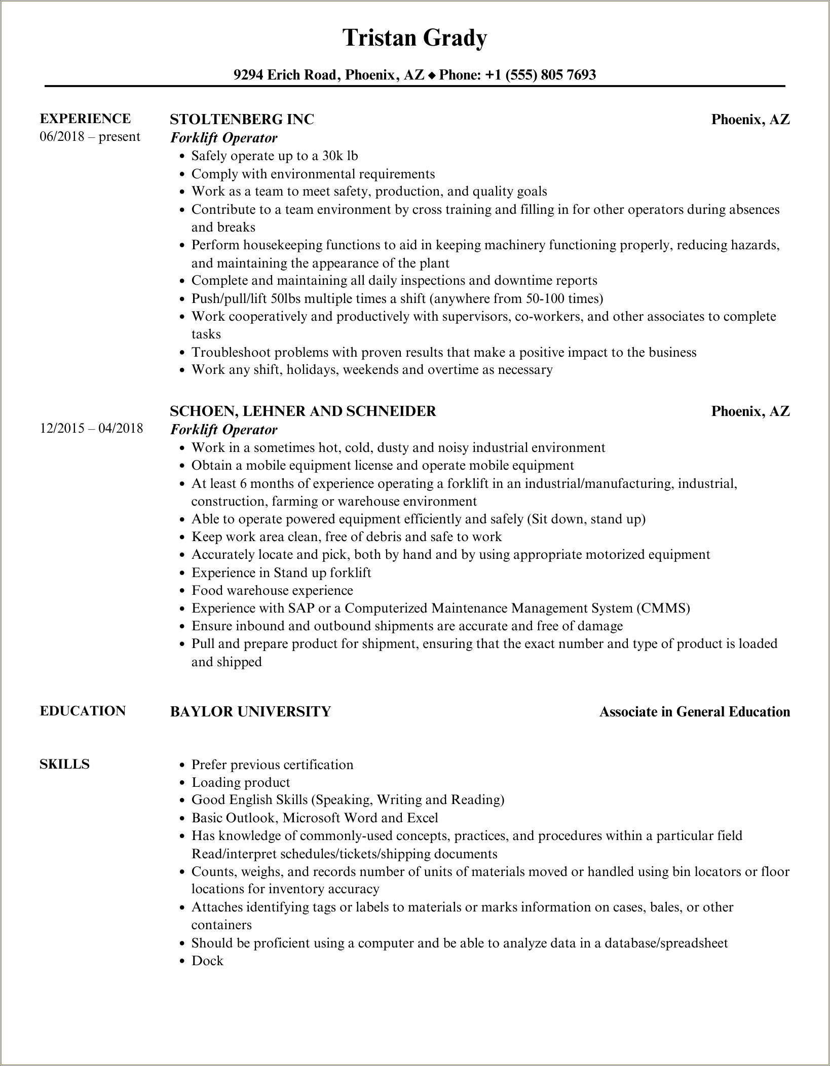 Skills For A Hilo Operartot For A Resume